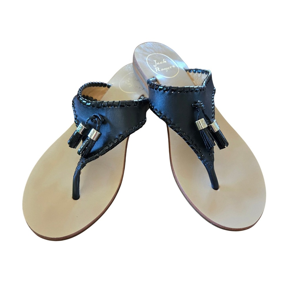 Jack Rogers Alana Black Patent Leather Tassel Whipstitch Thong Sandals Womens 8M